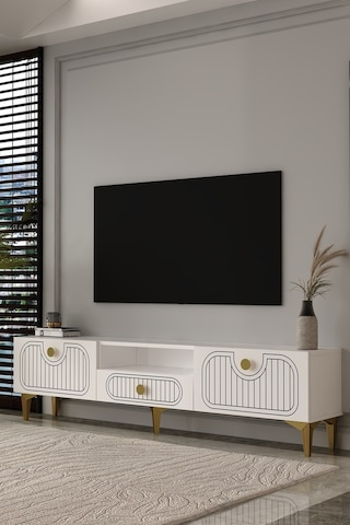 180dhdtsç3ba Hera Lazer Desenli Kapaklı Tv Sehpası,ünitesi Beyaz-altın