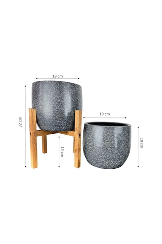Bitki Tasarımı Ev Dekorasyon Aksesuar Gri Granit Toprak Saksı Saksılık Salon Çiçeklik İkili Set Ayaksız - 4 Ayaklı- 19 Cm