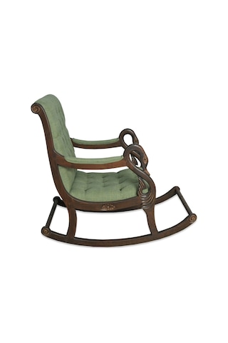 Asedia Vintage Kuğu Ceviz Yeşil El Oyması Ahşap Sallanan Sandalye Dinlenme Koltuğu
