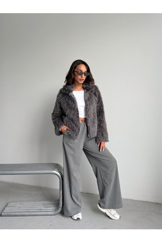 Verymoda Yapay Kürk Kadın Ceket Fermuarlı, Yumuşak Dokulu Modern Kışlık Mont F2037 Gri