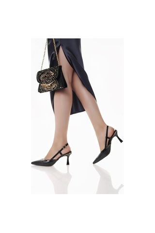 Nesilshoes Nesil Shoes Senyo 024 Siyah Rugan Baskı Topuklu Kadın Sandalet