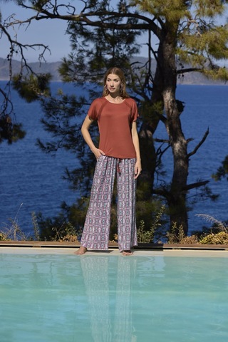 Monamise Kadın Etnik Desenli Kısa Kollu Alt Üst Takım 25024 Kiremit