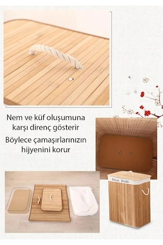 Ezere Bambu Naturel Hasır Çift Bölmeli Katlanabilir Kirli Çamaşır Sepeti 100 Lt Bej