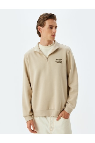 Koton Slogan Baskılı Sweatshirt Yarım Fermuarlı Şardonlu Pamuk Karışımlı Bej 5wam70077mk Ekru