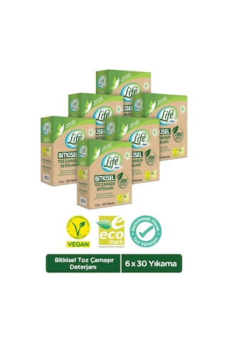 Life by Fakir  %100 Bitkisel Bazlı Doğal Çamaşır Toz Çamaşır Deterjanı 30 Yıkama 6 x 1500 G