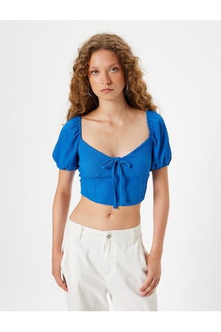 Koton Crop Tişört Balon Kol Korse Görünümlü Bürümcük V Yaka Slim Fit Mavi 4sal11118ık Mavi
