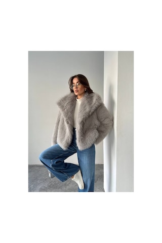 Tille Miss Dame Yumuşak Dokunuşlu Oversize Peluş Mont Açık Gri Açık Gri