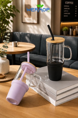 1000 Ml Cam Big Mug Bambu Kapaklı Çelik Pipetli Büyük Boy Kupa Termos Mor Siyah
