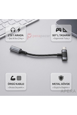 Type-c Kulaklık Ve Şarj Dönüştürücü L Tipi Çoğaltıcı Kablo Örgülü 3.5mm Ses Ve Güç Adaptörü Cn03 01