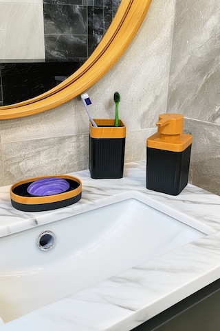 6 Parça Banyo Seti Çöp Kovası, Wc Fırça, Tuvalet Kağıtlık, Diş Fırçalık, Sıvı Sabunluk, Sabunluk Kahverengi - Siyah