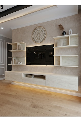 Resital Ledli Duvara Monte Tv Sehpası - Traverten - W6013-8 Traverten