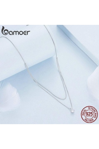 Bamoer 925 Ayar Gümüş Parlayan Zirkon Kolye Kolye Çift Katmanlı Boyun Zinciri Kadınlar İçin Nişan Düğün Güzel Takı Gümüş