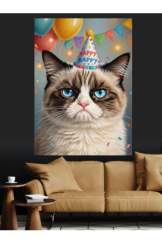 Doğum Günü Şapkalı Grumpy Cat Dekoratif Kanvas - Mdf Ahşap Tablo
