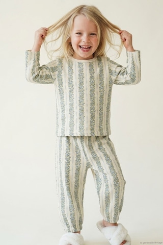 Breeze Kız Bebek Pijama Takımı Mavi Floral Çiçek Desenli Şeritli 9 Ay - 3 Yaş , Ekru
