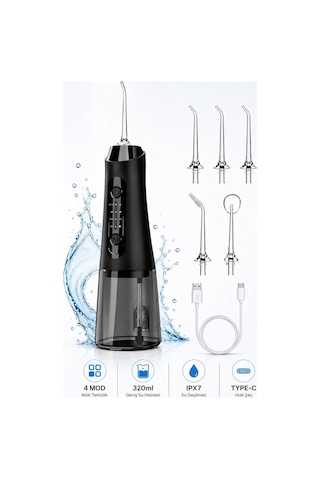 Robeve Auhma Amf11 Şarjlı Ağız Duşu 320ml Su Hazneli 4 Modlu Ipx7 Su Geçirmez Type-c Hızlı Şarjlı 5 Başlıklı Profesyonel Ağız Ve Diş Temizleme Cihazı Siyah