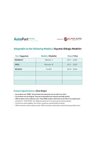 Renault Master 3, Nissan N400  için Bagaj Dış Açma Teli Sağ Kapı