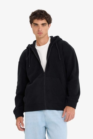 Defacto Boxy Fit Kapüşonlu Fermuarlı Polar Sweatshirt F0074AX25AU Siyah