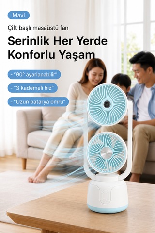 Şarjlı Çift Su Püskürtmeli 3 Kademeli Ayarlanabilir Masaüstü Fan Mavi