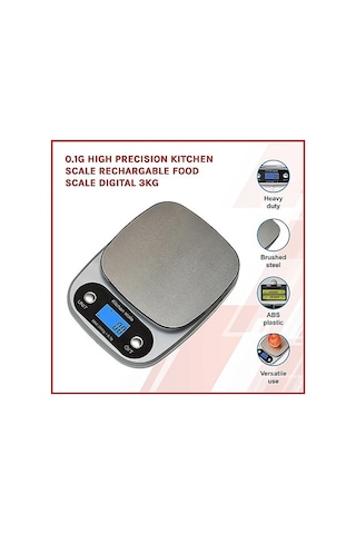 Reedark Yüksek Hassasiyetli 3kg Mutfak Terazi, Usb Şarjlı, 0.5g Hassasiyet, 9 Ölçüm Birimi, Gümüş Çok Renkli