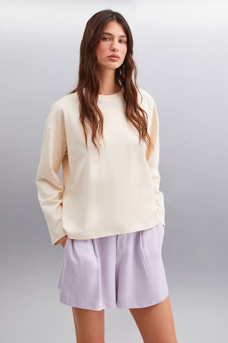 Basıl Kadın Oversize %100 Organik Pamuk Örme Uzun Kol Bej T-shirt