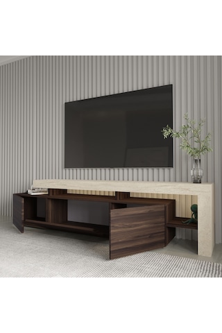 Beliz Modern Led Işıklı 3 Kapaklı, Raflı Tv Sehpası 192 Cm Traverten/ceviz