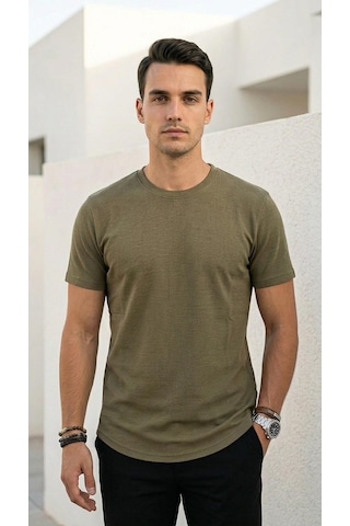 Plus Scorpion Erkek Slim Fit Basic Tişört Esnek, Terletmeyen Pike Dokulu Kumaş Haki