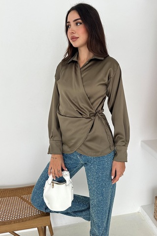 Noa & Noa Kadın Saten Yan Bağlamalı Kruvaze Gömlek Akışkan & Şehirli Stil Haki