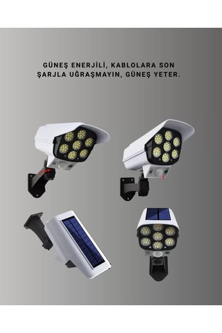 Home Güneş Enerjili Led Lamba + Güvenlik Kamerası Görünümlü 5-8 M Hareket Algılamalı, Beyaz Işık