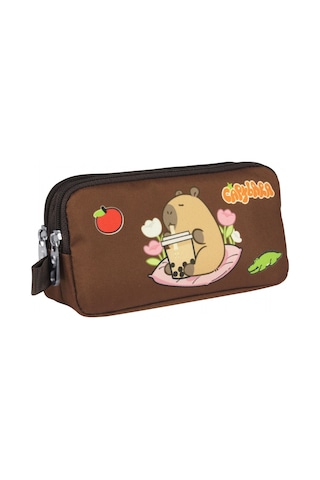 Capybara Erkek Çocuk İki Bölmeli Kalem Çantası - Bej - Kahverengi - 5232 Çok Renkli