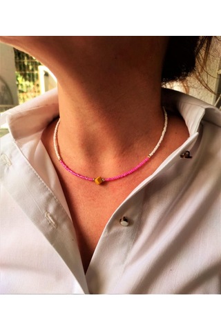 GOLD KAPLAMA ASORTİ DOĞALTAŞ PEMBE BONCUK KOLYE-KOL123 Bakır