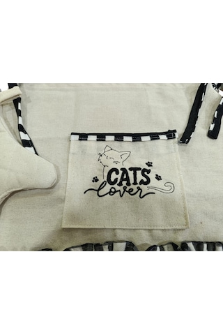 Kedi Lover Nakışlı, Fırfırlı, Buldan Keten Fırın Önlüğü Örtüsü