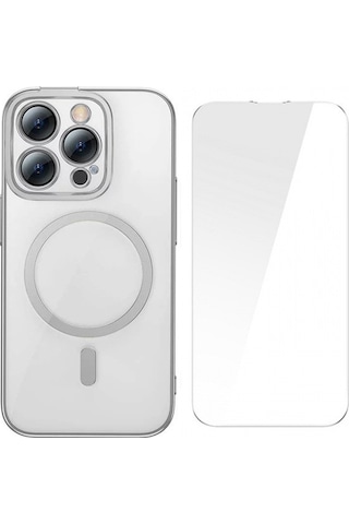 Apple Uyumlu iPhone Baseus Glitter 14 Pro Max 6.7 Magsafe Silikon Kılıf + Tempered Ekran Koruyucu Set