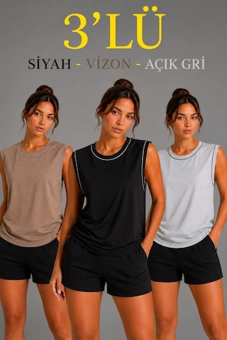 Tarz Yeri Kadın 3 Lü Kolsuz Sporcu Atlet Seti Yazlık Bisiklet Yaka - Siyah, Kahverengi, Gri Çok Renkli