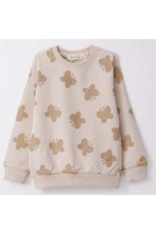 Kız Çocuk Kelebek Baskılı Pamuklu Eşofman Takım-14587 Bej