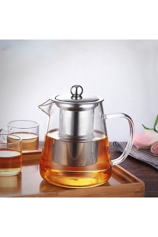 Qerhome Borosilikat Cam Çelik Süzgeçli Ve Kapaklı Oval Tasarım Lüks Çay & Kahve Demliği 750 Ml Şeffaf
