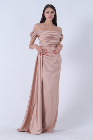 Feminist Bej Drape Detaylı Saten Kumaş Abiye Elbise 9704858.55