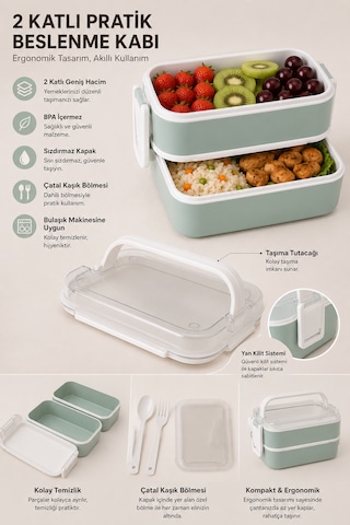 2 Katlı Plastik Kaşık Ve Çatallı Kilitli Lunch Box Yeni Nesil Sefer Tası 7 Parça Sızdırmaz Kapaklı Beslenme Kabı Açık Yeşil