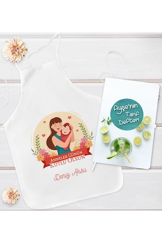 Bk Gift Kişiye Özel Anneler Günü Tasarımlı Mutfak Önlüğü Ve Yemek Tarif Defteri Hediye Seti-1, Anneye Hediye, Anneler Günü Hediyeleri