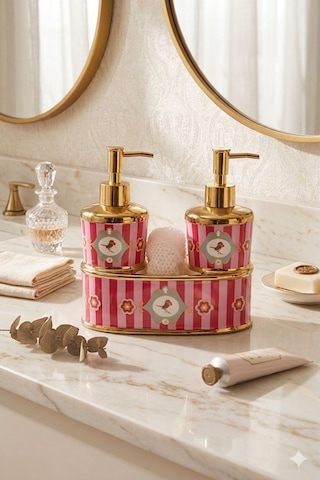 Reoona Saray Esintisi Kuş Motifli Gold Pompalı Lüks Banyo Takımı Diğer