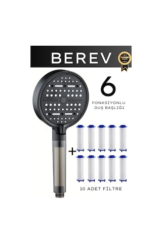 6 Fonksiyonlu Filtreli Duş Başlığı 10 Adet Yedek Filtre Su Tasarruflu Basınçlı Kireç Klor Önleyici Siyah