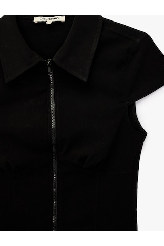 Koton Kısa Kollu Klasik Yaka Fermuarlı Slim Fit Crop Korse Bluz Siyah 7wal60048ıw