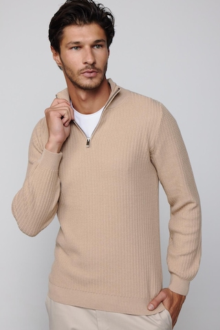 Tudors Slim Fit Dar Kesim Dik Yaka Fermuarlı Desenli Bej Erkek Triko Kazak-28924 Taş - Ekru
