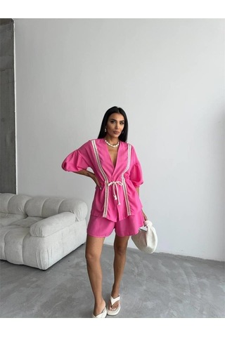 Sensuelle Keten Bel Büzgülü Bluz-pantolon Takım - Fuşya Fuşya