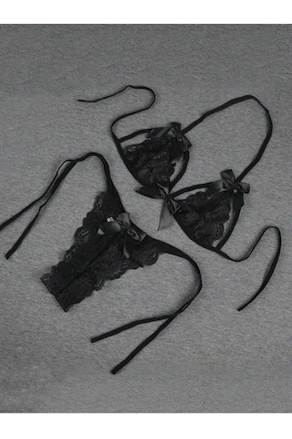 Tegangold Büyük Beden Fantezi Alımlı Siyah Fiyonk Süslemeli Dantelli Sütyen String Takımı Mh9707-b Siyah