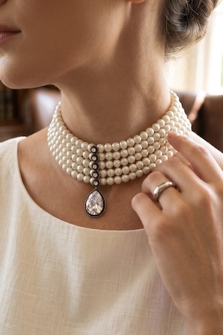 Zirkon Taşlı Su Damlası Sallantılı Choker Tasma İnci Kolye Beyaz 59495113