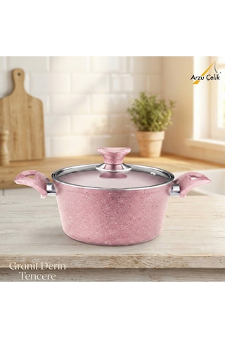 24 Cm Granit Derin Tencere Cam Kapak - Pembe Pembe