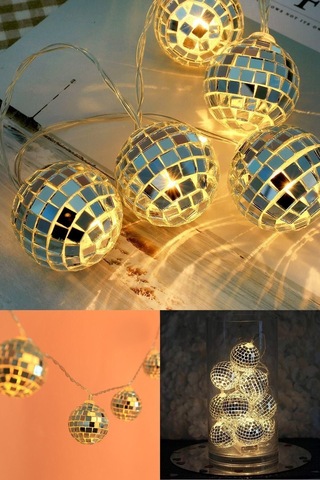 Mobgift Dekoratif Mini Disko Topu Şeklinde 10 Lu Led Zinciri 2 Metre Beyaz