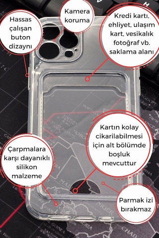 Apple Uyumlu iPhone 12 Pro Kredi Kartlıklı Şeffaf Kılıf Kamera Korumalı