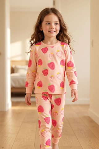 Zuzunga Kız Çocuk Strawberry - Çilek Desenli Uzun Kollu Pijama Takımı Pembe