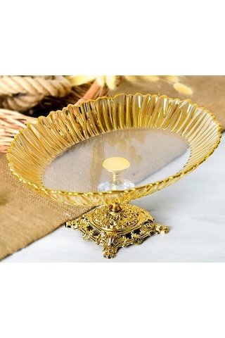 Elta Collection Aurora Oval Gold Ayaklı Cam Servis Tabağı Sunumluk 25 35 Cm Ayaklı Tabak Sarı